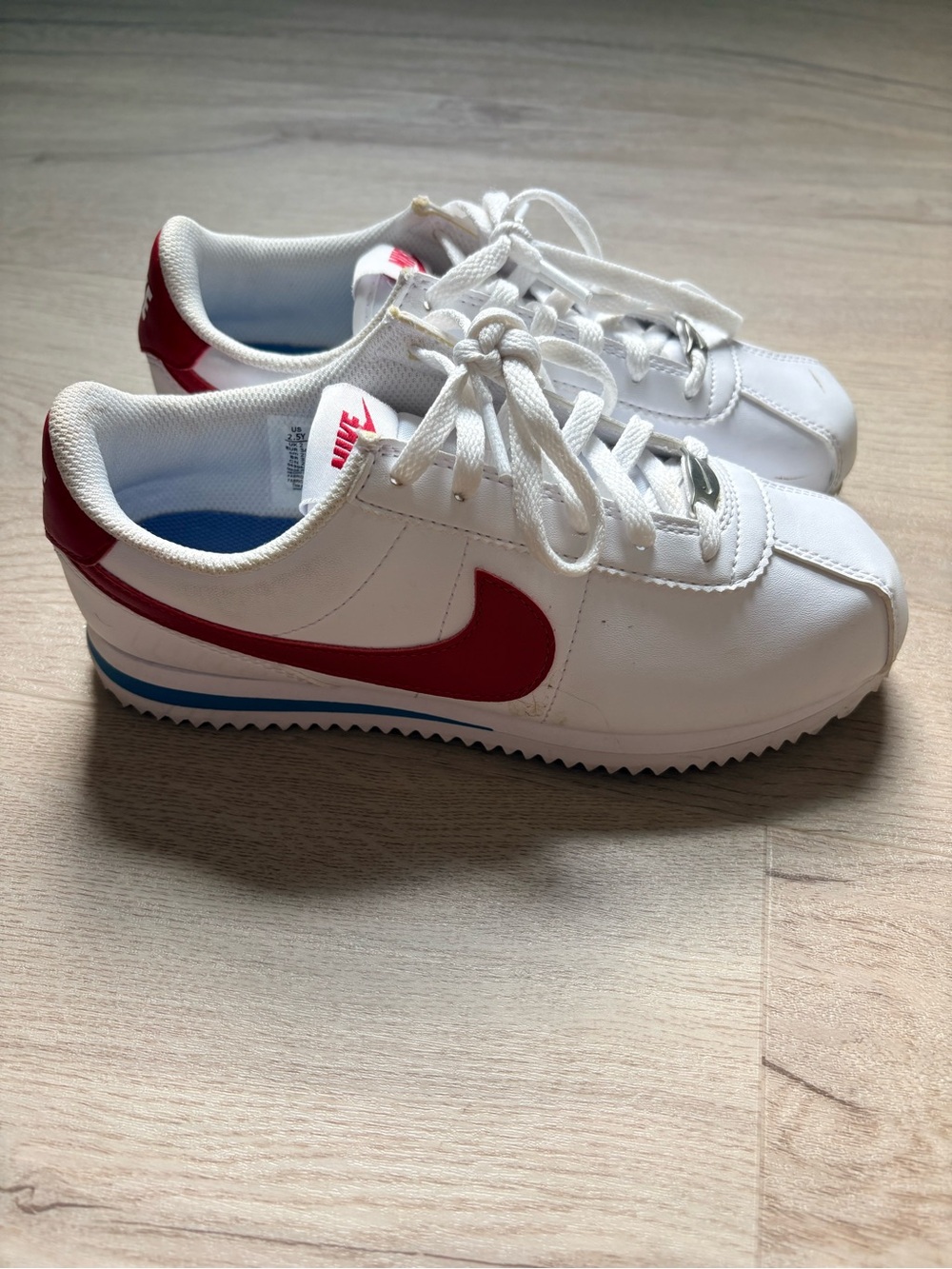 Nike Kids White Sneakers with Red Swoosh and Blue Accent Sz 2.5